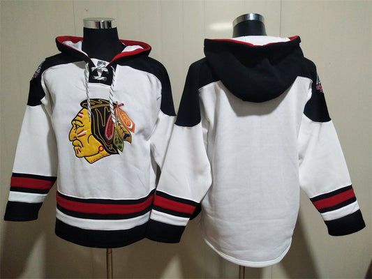 Men's Chicago Blackhawks Blank Custom Any Name/Number White Lace-Up Pullover Hoodie Jersey