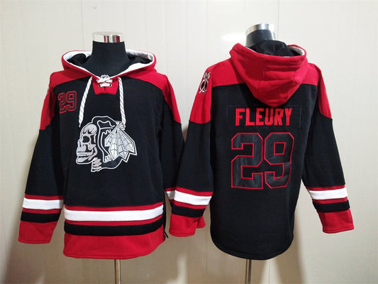 Men's Chicago Blackhawks Skull #29 Marc-Andr Fleury Black Lace-Up Pullover Hoodie Jersey